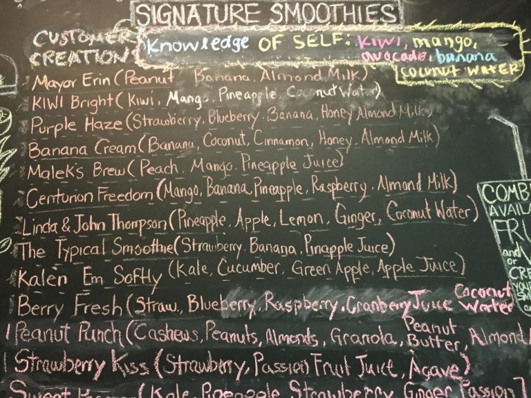 A list of smoothies at Mark Schand's Sweetwater cafe